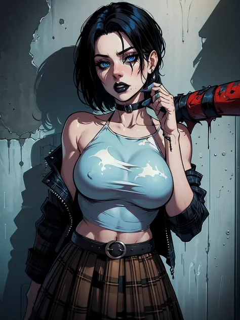 a woman with short black hair, hair on shoulders,  wearing a black cropped  and plaid skirt, plaid jacket blue eyes, zombie art, gothic art, cute aesthetic with vibe, toon aesthetic, wearing red costume, wearing gothic accessories, look like Cassie Hack, u...