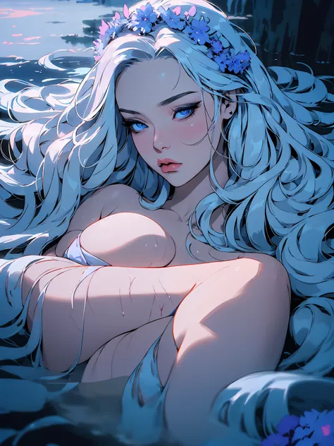 hyper-realistic  of a mysterious woman with flowing silver hair, piercing blue eyes, and a delicate floral crown, laying on the water, whole  body