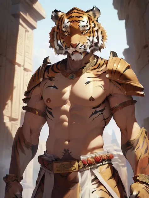 (Masterpiece, Best Quality, Beautiful Digital Art: 1.5), (Half Body Shot), (Ancient Anthropomorphic Tiger Warrior Using Ancient Warrior Armor: 1.5), Official Art, Beautiful, Masterpiece, Best Quality, Best Quality , beautifully aesthetic, realistic, cinema...