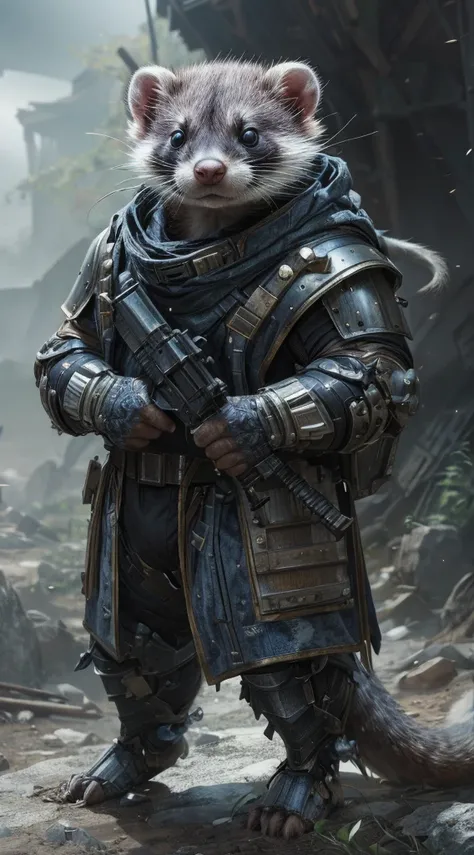 (masterpiece, best quality, ultra-detailed, photorealistic, hdr, 8k), good looking humanoid ferret hero from another world, heavy armor, charismatic, action pose, anime realism