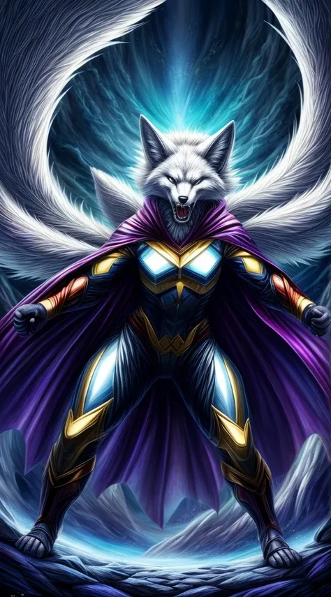 (masterpiece), ultra-detailed art, illustration, superhero, (white fox lady), solo, ((nine tails:1.2)), majestic, fighting a fly monster, Shape-shifting, enchanted cloak, shapeshifter, iridescent purple, ever-changing features, transdimensional hero, playf...