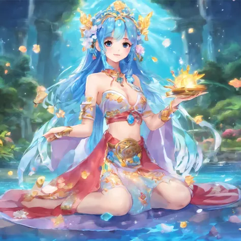 Anime girl in blue clothes，blue hair and blue clothes, flowing magic robe, ((beautiful fantasy queen)), Astral Witch Clothes, full body xianxia, Beautiful celestial mage, heise jinyao, beautiful fantasy queen, Jellyfish Priestess, cotton cloud mage robes, ...