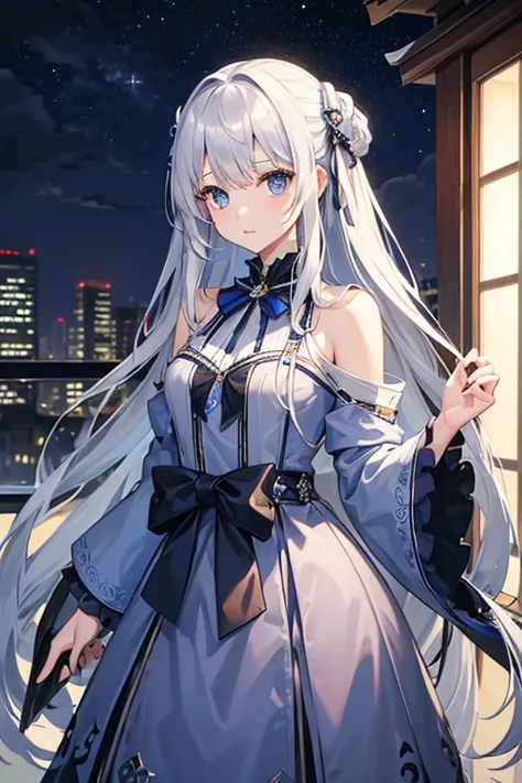 ((highest quality)), ((masterpiece)), (be familiar with), perfect face　mysterious　woman　cute long hair　silver hair　Ⅾ cup　Navy blue eyes　whole　Tokyo　night　shyness　knife　low length