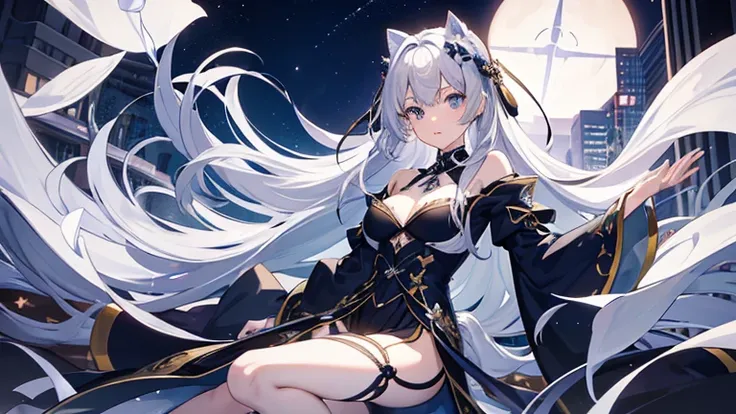 ((highest quality)), ((masterpiece)), (be familiar with), perfect face　mysterious　woman　cute long hair　silver hair　Ⅾ cup　Navy blue eyes　whole　Tokyo　night　shyness　knife　low length