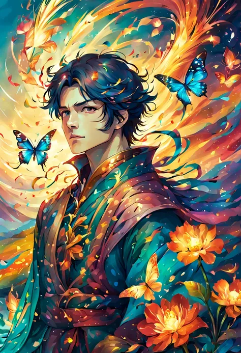 hero,(masterpiece, highest quality:1.2),windの精霊,male:17 years old:perfect face,dance,butterfly々,flower,wind,effect,become famili...