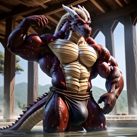 Dragon, Male, (((solo))), Muscular, Abs, Pecs, Flexing his arms, Sweat, Smile, Loincloth, Bulge, Bath House, Tail, Anthro, Scales, Hair, high quality, best quality, Sweat, 