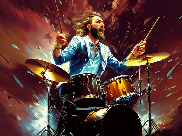 picture of a man with a beard, playing drums during a thunderstorm, album art, Rob Ray, by John Berkey, drummer, extremely high quality piece of art, Rob McNaughton, James Edmiston, album, piece of art, Drew Tucker, miles johnstone, Jason Benjamin, swing, ...