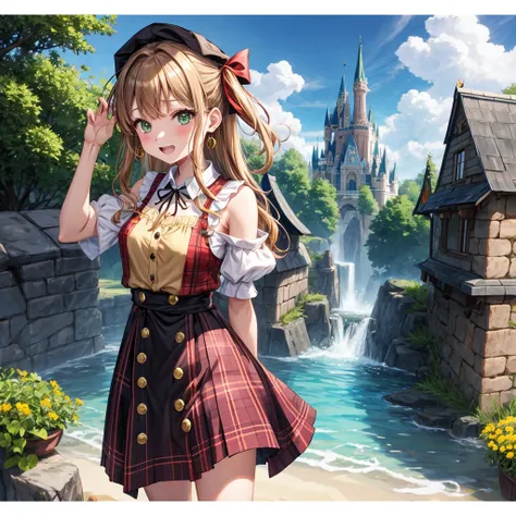 reddish-brown blonde、green eyes、one good looking girl、solo、anime、plaid mini skirt、the skirt has buttons、camisole、black t-shirt、dress、wearing a ribbon、ribbon at waist、cloak、hood、clouds are swirling、stone slabs are piled up、one hand raised、crystal earrings、s...