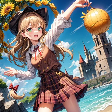 reddish-brown blonde、green eyes、one good looking girl、solo、anime、plaid mini skirt、the skirt has buttons、camisole、black t-shirt、dress、wearing a ribbon、ribbon at waist、cloak、hood、clouds are swirling、stone slabs are piled up、one hand raised、crystal earrings、s...