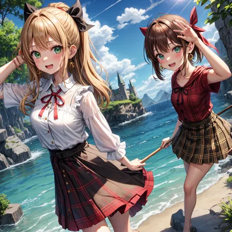 reddish-brown blonde、green eyes、one good looking girl、solo、anime、plaid mini skirt、the skirt has buttons、camisole、black t-shirt、dress、wearing a ribbon、ribbon at waist、cloak、hood、clouds are swirling、stone slabs are piled up、one hand raised、crystal earrings、s...