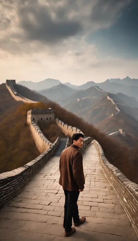 realistic image of a handsome man from Indonesia standing in front of the Great Wall of China. The person was wearing a thick brown jacket and a black scarf. The Great Wall appears circular following the contours of the hills and mountains. The mountains i...