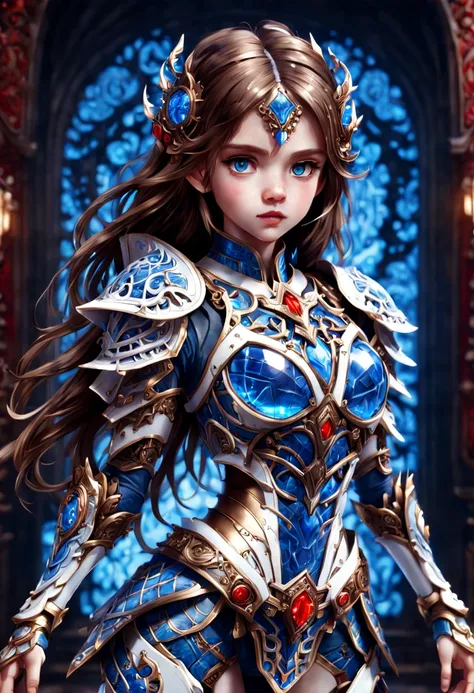 front_view, (1 girl, looking at viewer), long brown hair, mechanical white armor, complex armor, delicate blue filigree, complex...