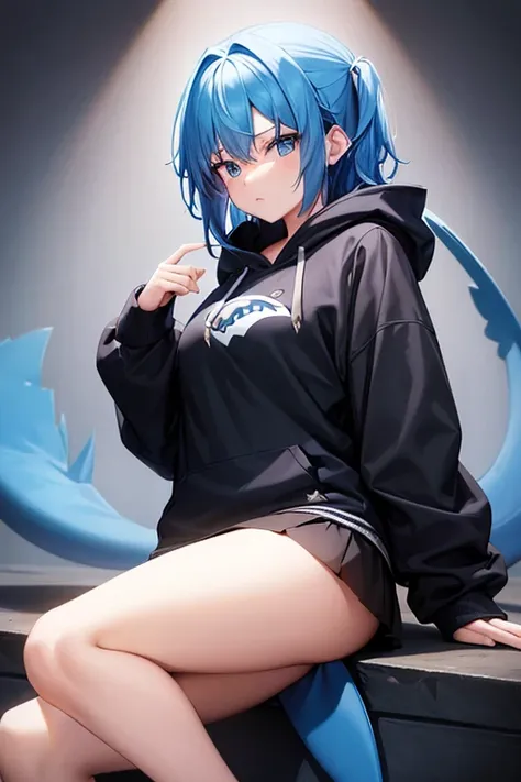 a girl with blue hair blue eyes and a shark tail in a hoodie with a black skirt