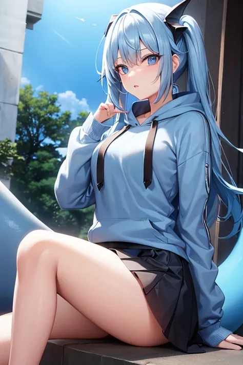 a girl with blue hair blue eyes and a shark tail in a hoodie with a black skirt