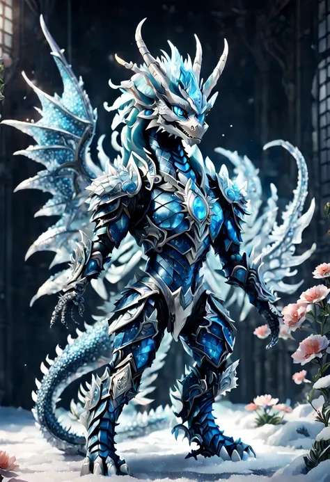 ((personification))，snow style, （colorful frost dragon warrior from another world）, mechanical arm，(mechanical crystal sword:1.5...