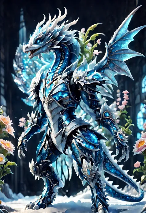 ((personification))，snow style, （Colorful Frost Dragon Warrior from Another World）, Mechanical arm，(Mechanical crystal sword:1.5），The interior shimmers with icy blue and white, full-body shot, thin and long, dark blue eyes, Curly ears, Wearing mechanical a...