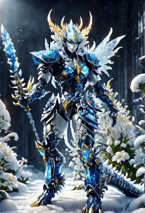 ((personification))，snow style, （Ronin Warriors）, Mechanical arm，(Mechanical crystal sword:1.5），The interior shimmers with icy blue and white, full-body shot, thin and long, dark blue eyes, Curly ears, Wearing mechanical armor，F41Arm0rXL, Smile, blooming f...