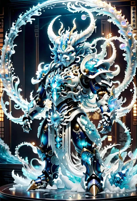 ocean，huge waves, （Demon God Altar Fighter，Water God:1.5）, Mechanical arm，(Mechanical Crystal Spear:1.5），((Heroes from another world))，The interior shimmers with icy blue and white, full-body shot，thin and long，dark blue eyes，Curly ears，(Wearing ancient Ja...