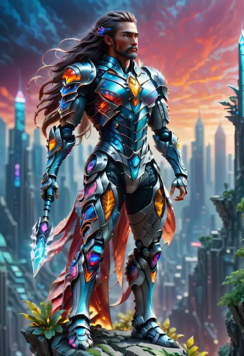 hero standing on top of a cliff overlooking a futuristic city,glowing magic sword,armored with ethereal light armor,flowing cape battling wind,dynamic pose,heroic expression,vivid sunset sky,high fantasy sci-fi hybrid cityscape,alien plants,advanced techno...