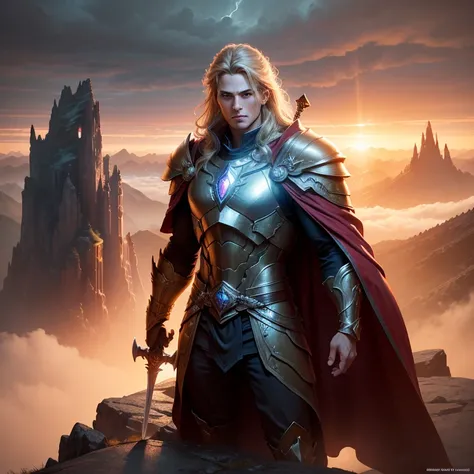 an otherworldly hero,brave,tall figure,holding a magical sword,glowing eyes and powerful aura,flowing cape,armor shining in the sunlight,standing on a mountaintop,overlooking a fantastical landscape,dramatic clouds and epic skies,bathed in golden light,(be...