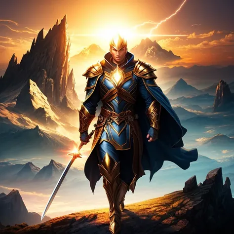 an otherworldly hero,brave,tall figure,holding a magical sword,glowing eyes and powerful aura,flowing cape,armor shining in the sunlight,standing on a mountaintop,overlooking a fantastical landscape,dramatic clouds and epic skies,bathed in golden light,(be...