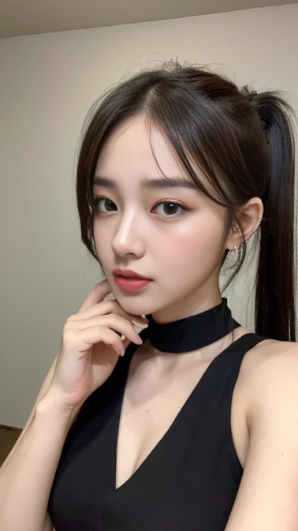 (Best Quality, 8K, 32K, Masterpiece, Ultra HD: 1.2), (K-Pop Idol: 1.3), 1 Girl, (Large: 1.2), Abs, Perfect Figure, Ultra Slender Face, Delicate Lips, Beautiful Eyes Double eyelids , (pony) （Extremely normal body，Half-tied ponytail。(press black dress)