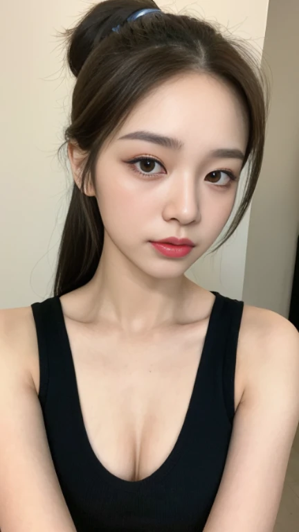 (Best Quality, 8K, 32K, Masterpiece, Ultra HD: 1.2), (K-Pop Idol: 1.3), 1 Girl, (Large: 1.2), Abs, Perfect Figure, Ultra Slender Face, Delicate Lips, Beautiful Eyes Double eyelids , (pony) （Extremely normal body，Half-tied ponytail。(half tank top) ((big bus...