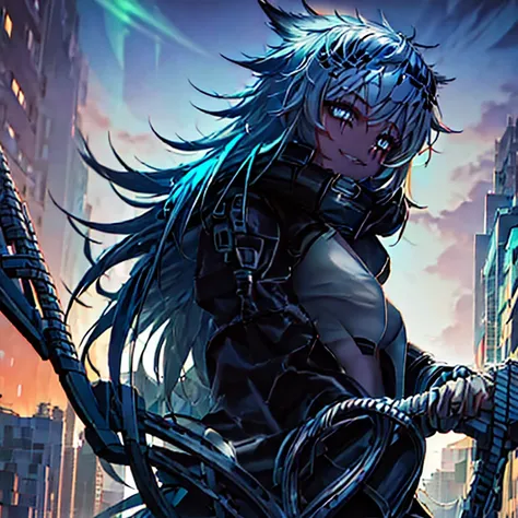 (masterpiece), best quality, ultra high res,, cyberpunk 1girl flying above stunning cityscape ,hoodie,blue hair,  neon color sho...