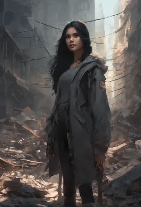 a beautiful Indonesian woman looks at the camera, long black hair, she has wide iron wings, wears iron shoes, a military hoodie that says (Elsa), she holds a long sword burning with fire, she stands in the middle of the rubble of a destroyed building,
(32k...