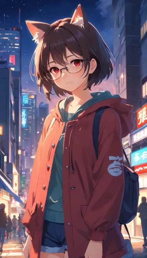 1girl, cat ears, sensual and innocent, small girl, black hair, red eyes, beauty brand, round glasses, cropped short, short shorts, (large female coat over shoulders), urban, tokyo city, bustling city, moonlight, light particles,(best quality, masterpiece),...