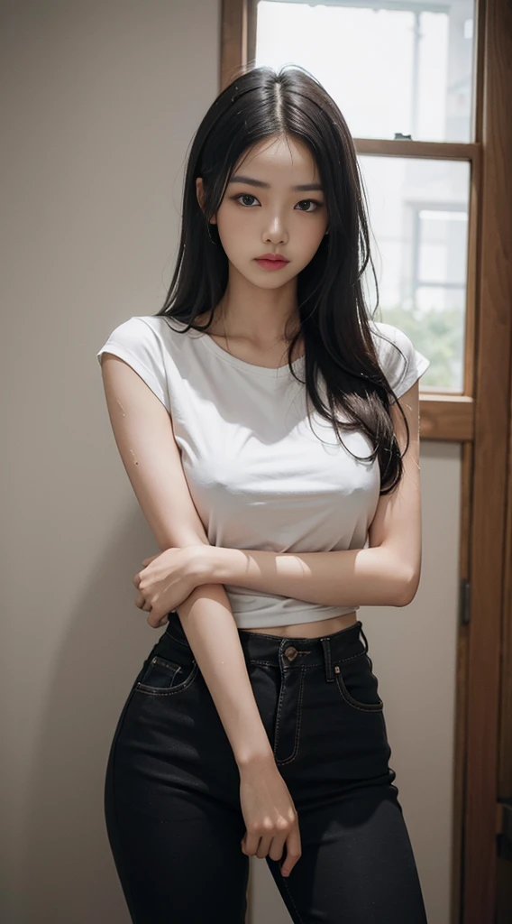 ((top quality、8k、 photorealistic、RAW photo、 ​Masterpiece:1.3)), whole body女恋, slender legs, sharp focus:1.2, Beautiful woman with perfect body:1.6, posing for photo, whole body, Paired with a short T-shirt, OK, black cropped pants, slim, big bust, sweaty b...