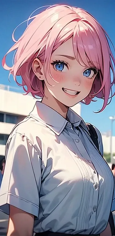 Realistic、1girl、fluorescence　pink hair、blue eyes、(eye focus:1.3,face focus:1.3,upper body:1.5),(gradient eyes:1.3),(blouse)、smiley face,open mouth,(grin:1.3),short hair、cute face,portrait,
