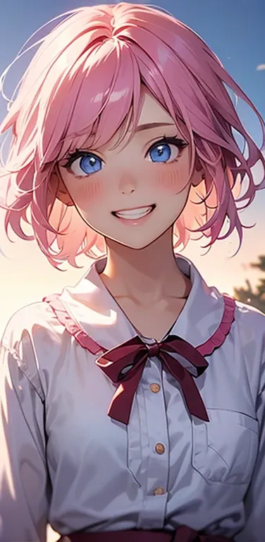 Realistic、1girl、fluorescence　pink hair、blue eyes、(eye focus:1.3,face focus:1.3,upper body:1.5),(gradient eyes:1.3),(blouse)、smiley face,open mouth,(grin:1.3),short hair、cute face,portrait,
