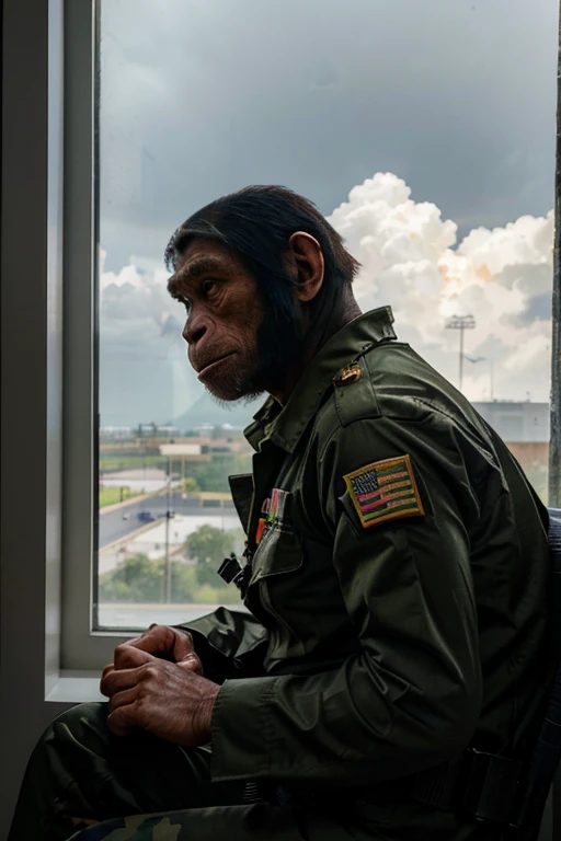 (chimpanzee 1:1) soldier in bdu, ape marine officer in marine khaki uniform,  photo realistic chimpanzee marine colonel watching the rain outside a window, hyper realistic future military base, space shuttle landing in the distance