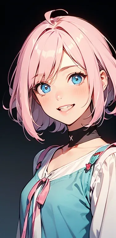 Realistic、1girl、fluorescence　pink hair、blue eyes、(eye focus:1.3,face focus:1.3,upper body:1.5),(gradient eyes:1.3),(blouse)、smiley face,laugh with your mouth wide open,(happy:1.3),short hair、cute face,portrait,
