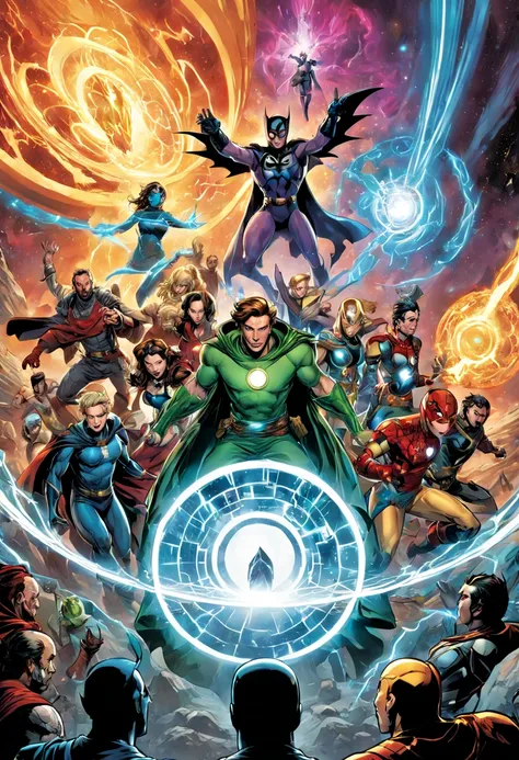 "Type of Image: Comic book cover, Subject Description: A group of heroes from various realms gathered around a mystical portal, preparing to enter another world, Art Styles: Western comic style, Art Inspirations: Art Station and Marvel Comics, Camera: wide...