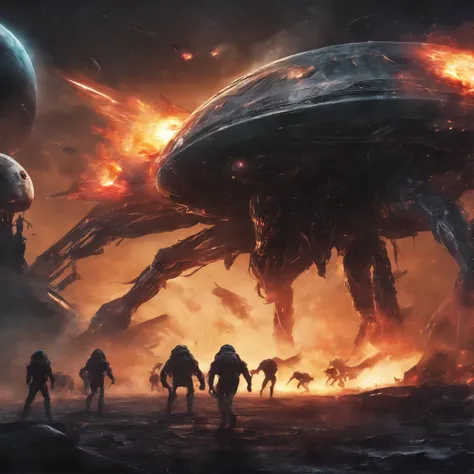 fighting with aliens and alien technology, alien space ship, attack on aliens, alien ship getting destroyed, fire, blasts, laser shots, dark theme, a human fighting those aliens, masterpiece, ultra HD, photorealistic