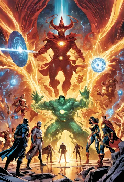 "Type of Image: Comic book cover, Subject Description: A group of heroes from various realms gathered around a mystical portal, preparing to enter another world, Art Styles: Western comic style, Art Inspirations: Art Station and Marvel Comics, Camera: wide...