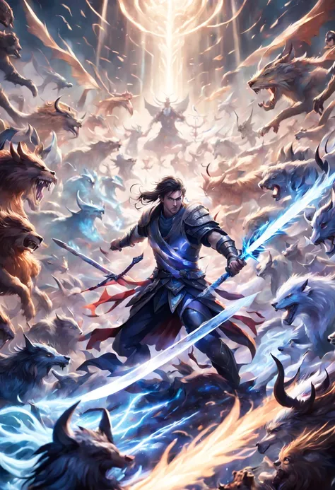 Prompt #2: An epic battle scene in a different world, the hero at the center wielding a sword that glows with an ethereal light, surrounded by fantastical beasts and allies, mid-action, high tension, Canon EOS R8, wide angle lens