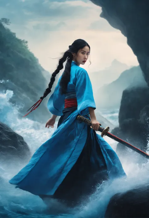 masterpiece, 1 girl, close up, Wear blue Hanfu, Chinese traditional fabric, ((Hold a water sword,)) long black hair, hair braids, blue waves background, water effect, ink painting style, dynamic poses, fighting stance