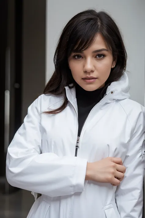 woman in a white jacket and black dress, official photo, portrait, solo photoshoot