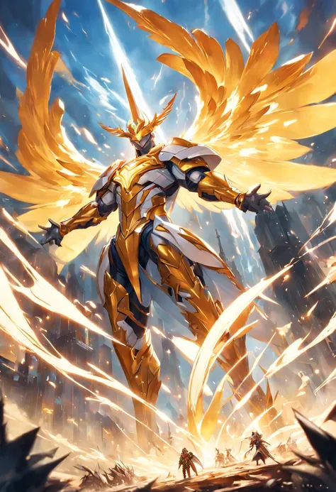 A highly detailed digital art illustration of a mighty hero standing victorious over a fiery fantasy battle scene, with large outstretched angel wings, wearing exquisite neon colored armor, holding a glowing futuristic sword high to the skies, celebrating ...