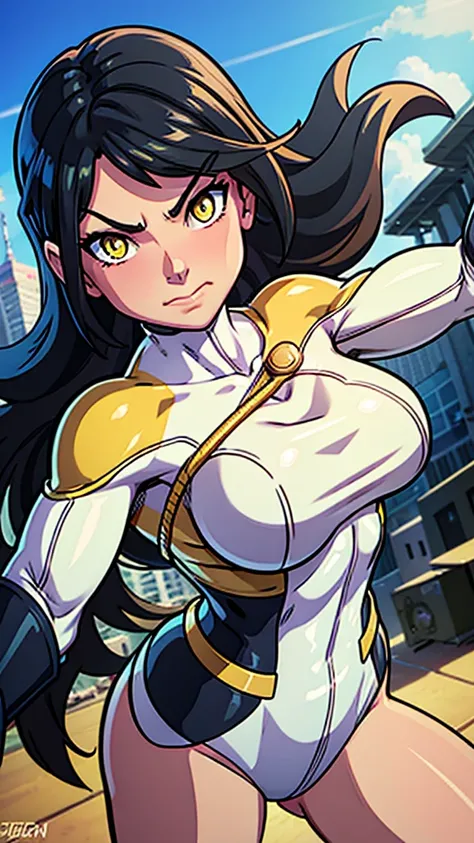 A girl, yellow sexy superhero outfit, hands in fighting position staring at another person, long black hair, heterochromic eyes, heterochromic eyes, heterochromic pupils, 8k resolution, very detailed, anatomically correct, digital painting, concept art, Ma...