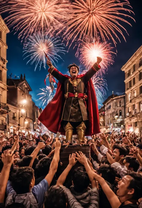 Prompt #4: The heros triumphant return to a city in another world, realistic celebratory crowd scene, detailed expressions of joy and admiration, vibrant banners and magical fireworks in the sky, Canon EOS R3, Focal length 24mm