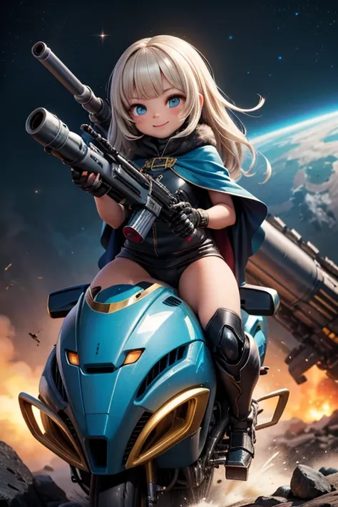 masterpiece, best quality, a cute girl smiling, intergalactic hero, science fiction, riding a mecha, (action:1.2), cloak, (Gatling gun:1.2), glowing, alien environment , 