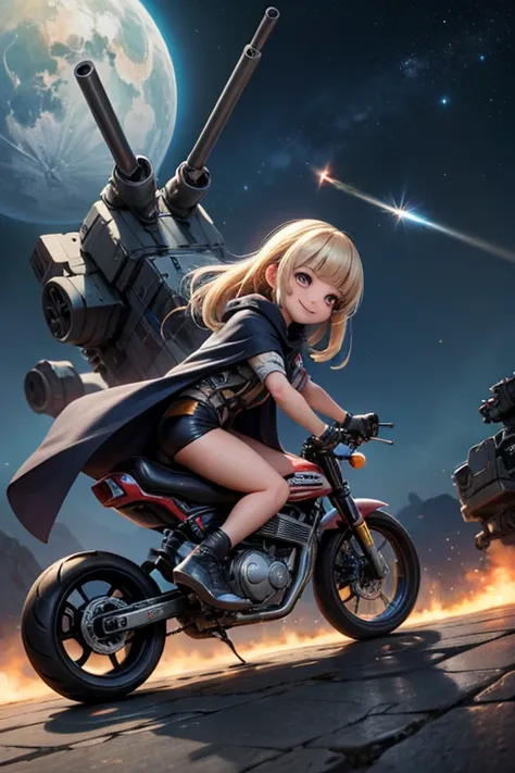 masterpiece, best quality, a cute girl smiling, intergalactic hero, science fiction, riding a mecha, (action:1.2), cloak, (Gatling gun:1.2), glowing, alien environment , 