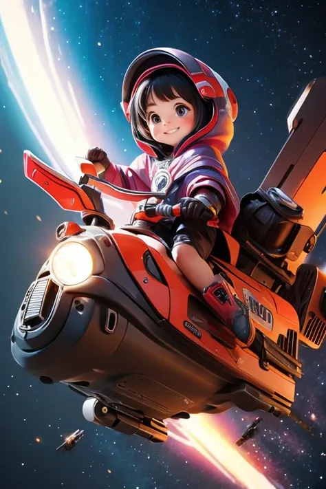 masterpiece, best quality, a cute girl smiling, intergalactic hero, science fiction, riding a mecha, (action:1.2), cloak, (Gatling gun:1.2), glowing, sci-fi environment , 