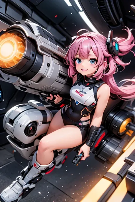 masterpiece, best quality, a cute girl smiling, intergalactic hero, science fiction, riding a mecha, (action:1.2), cloak, (Gatling gun:1.2), glowing, sci-fi environment , 