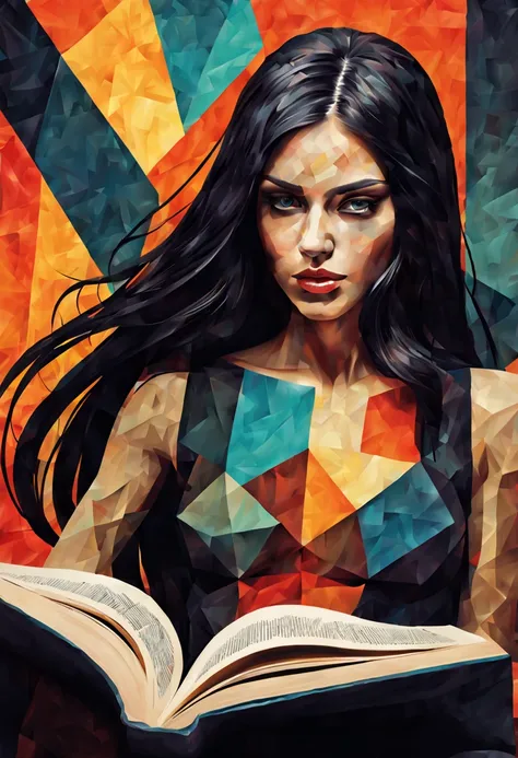 Analytical Cubism Illustration Design a perfect pretty girl, black long hair, Split-Complementary color guide, Plasma Energy Texture, abstract background, reading a book, dramatic angle, SimplepositiveXLv1,, Illustration Design, often for illustrative art,...