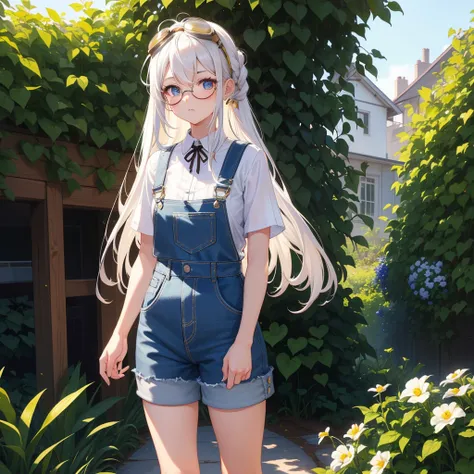 (Masterpiece),1girl, pretty face, very detail face with long hair, white hair, (brown ribbons tied in hair, wearing vintage pilots goggles brown), eyes burning blue, glow eyes, wearing tank top, blue short jeans overalls, white shoes, sexy pose at garden, ...